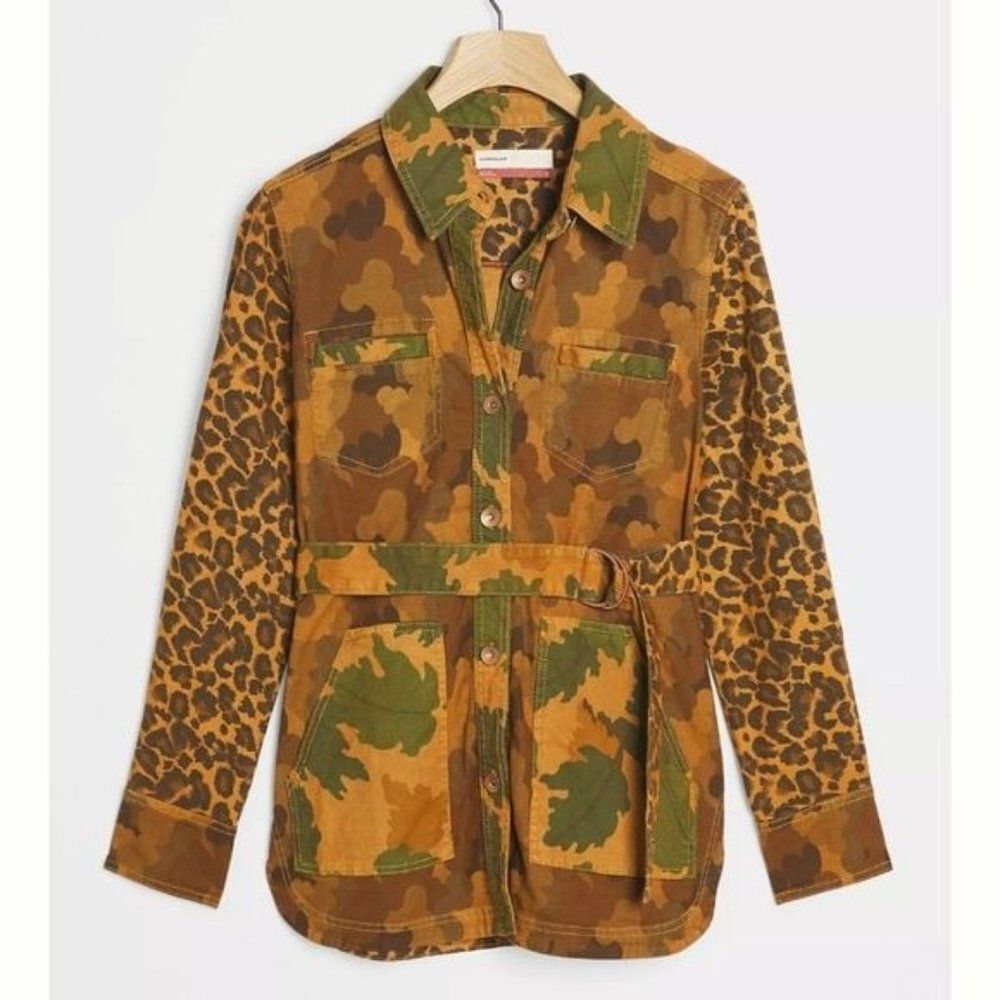 Anthro Pilcro Camo Animal Print Denim Utility Jacket with Belt Women's Size XS